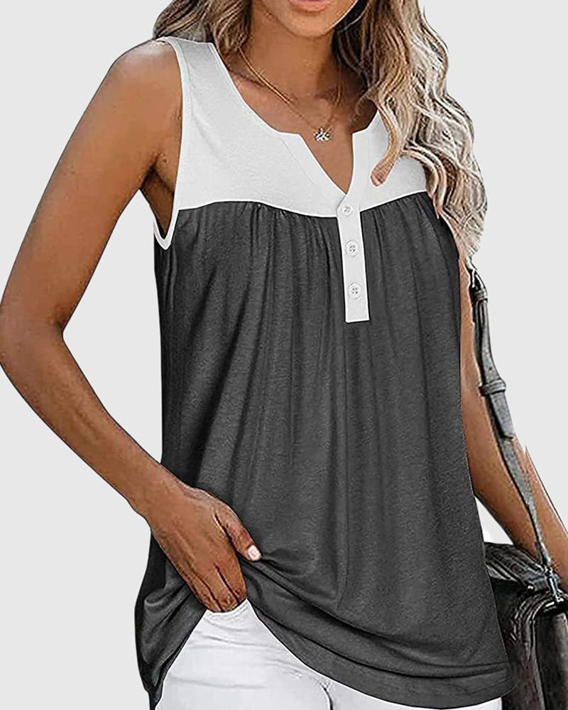 Two Tone Half Button Ruched Tank Top-Pinkami