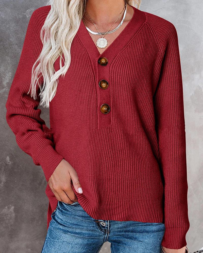 Solid Button Half Chunky Knit V Neck Sweater-Pinkami