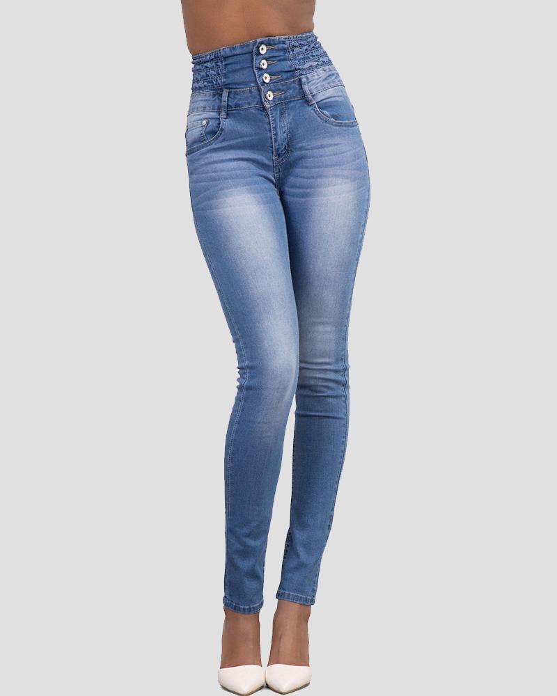Women Button Front High Waist Skinny Jeans-Pinkami