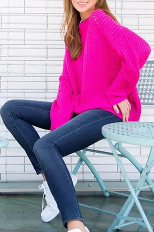 Round Neck Pullover Openwork Sweater-Pinkami