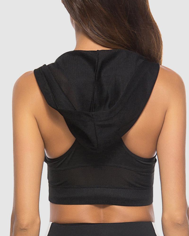 Solid Racerback Hollow Out Hooded Sports Bra-Pinkami