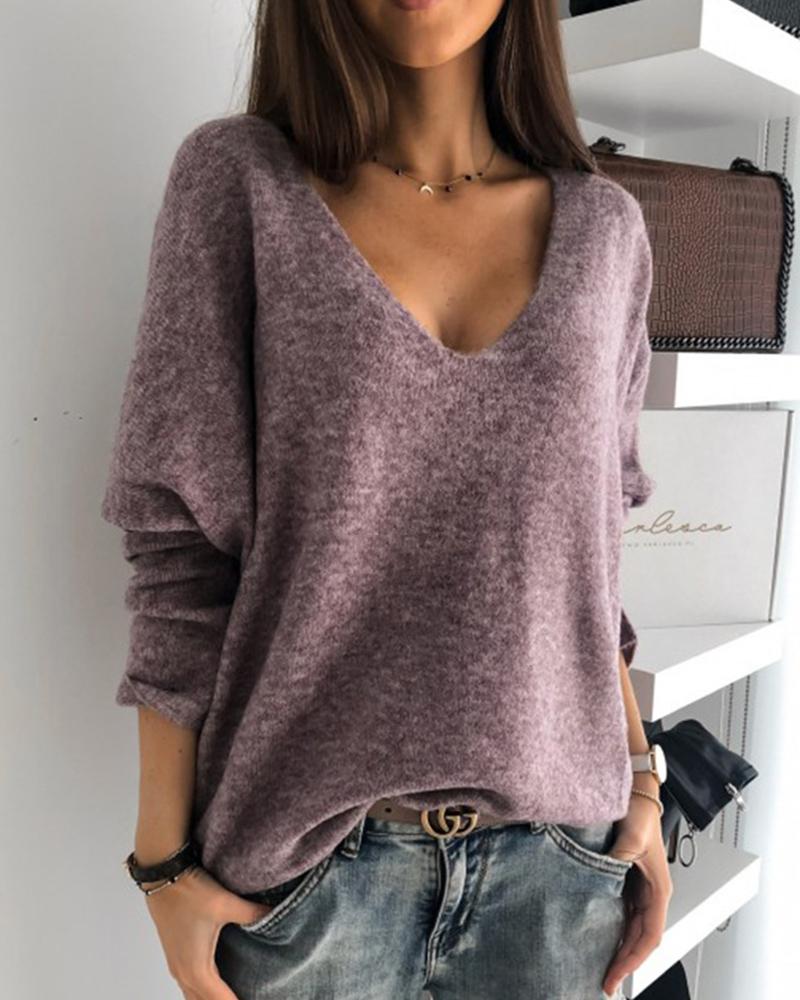 Solid Long Sleeve V Neck Sweater-Pinkami