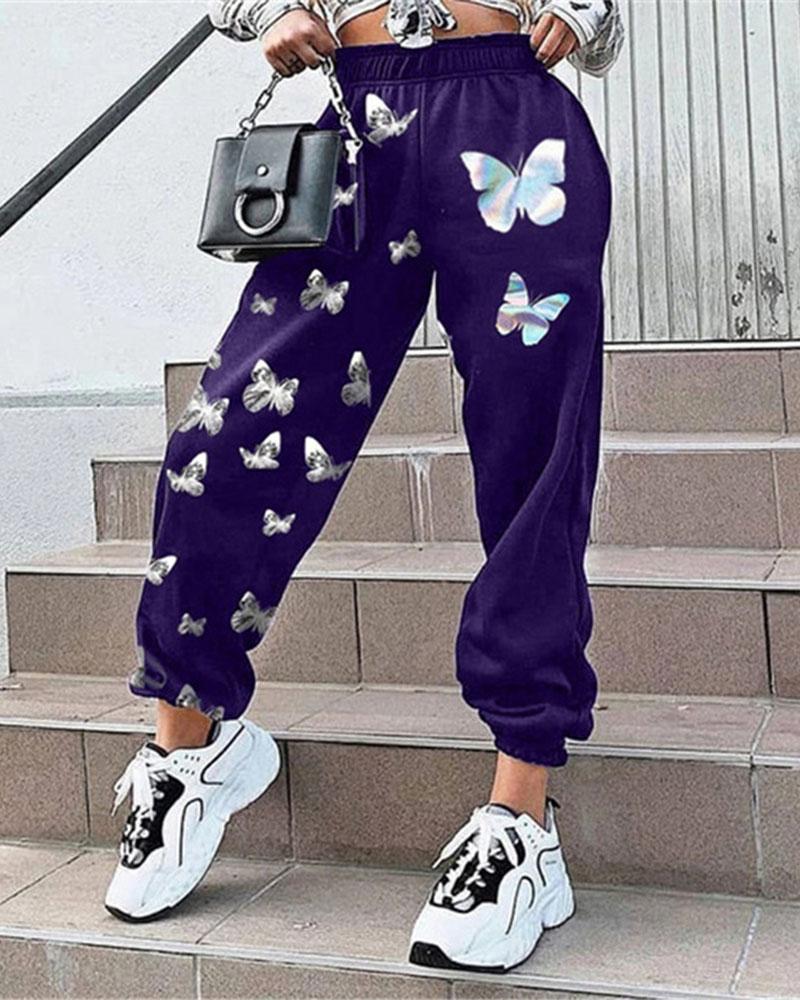 Butterfly Print High Waist Elastic Hem Sports Pants For Women-Pinkami