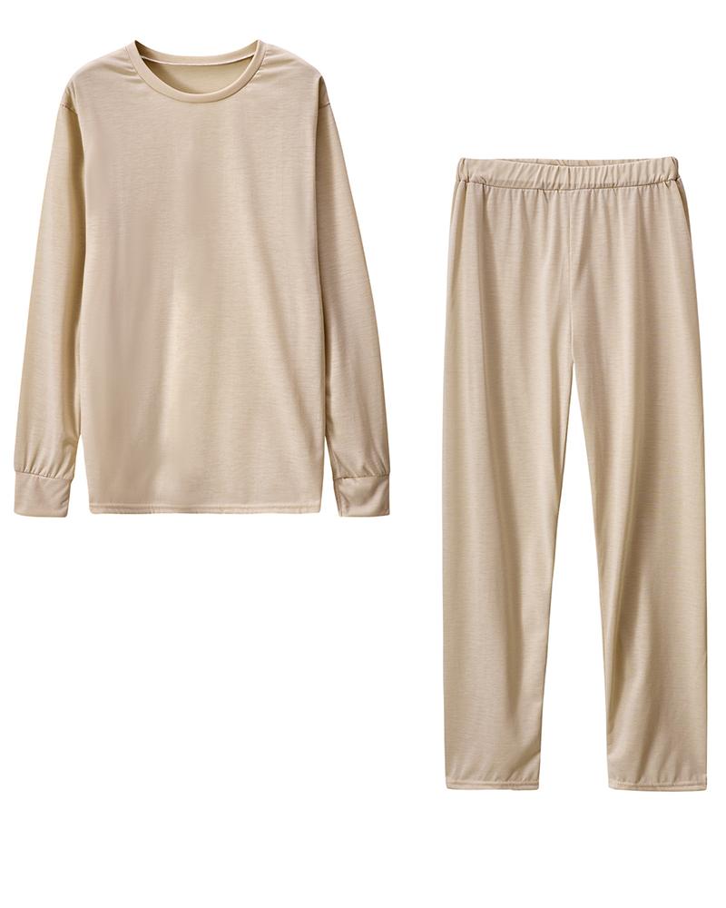 Solid Round Neck Tee & Pants Set-Pinkami
