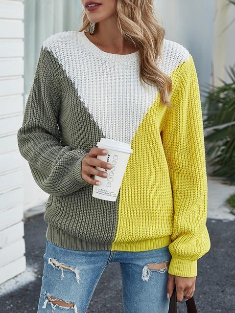 Color Block Knitting Jumper Sweater-Pinkami