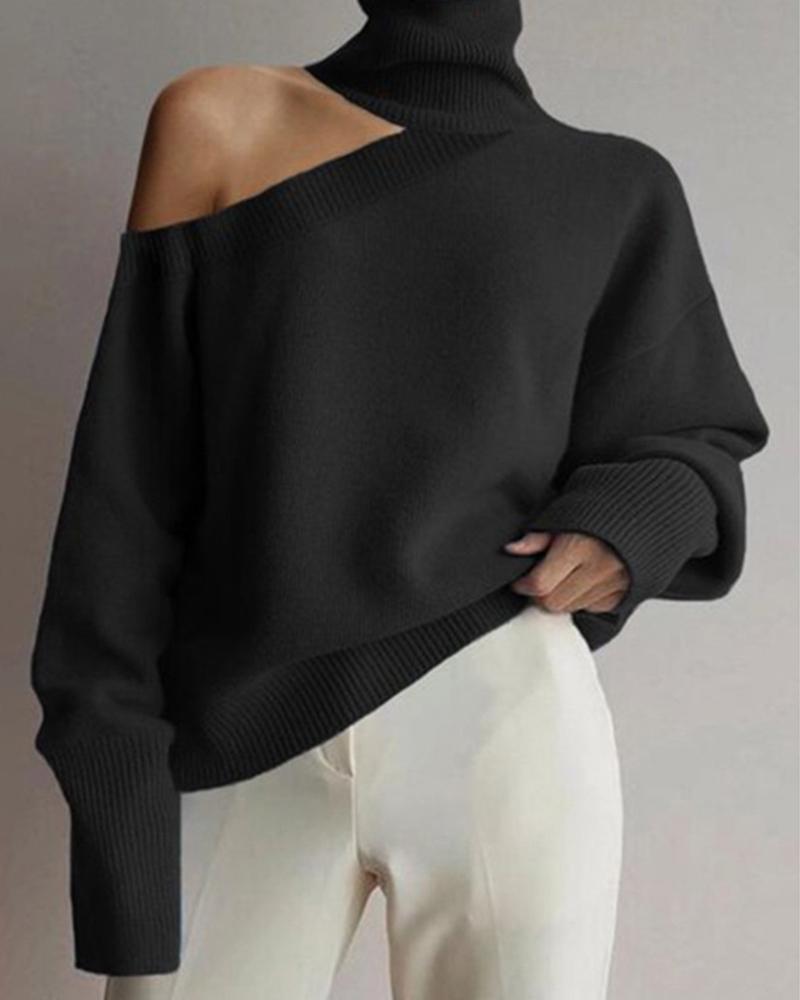 Cutout Ribbed Drop Shoulder Turtleneck Sweater-Pinkami