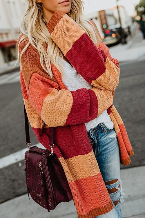 Contrast Stitching Sweater Cardigan-Pinkami