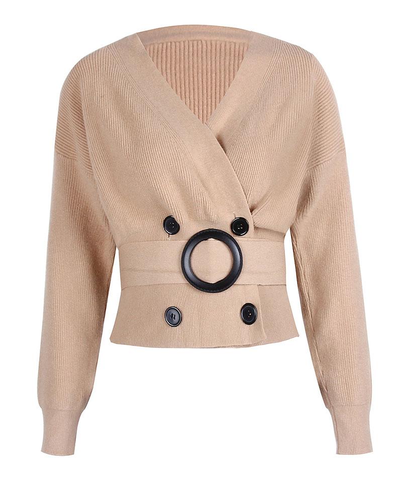 Rib-knit Belted Decor Button Trim Surplice Neck Sweater-Pinkami