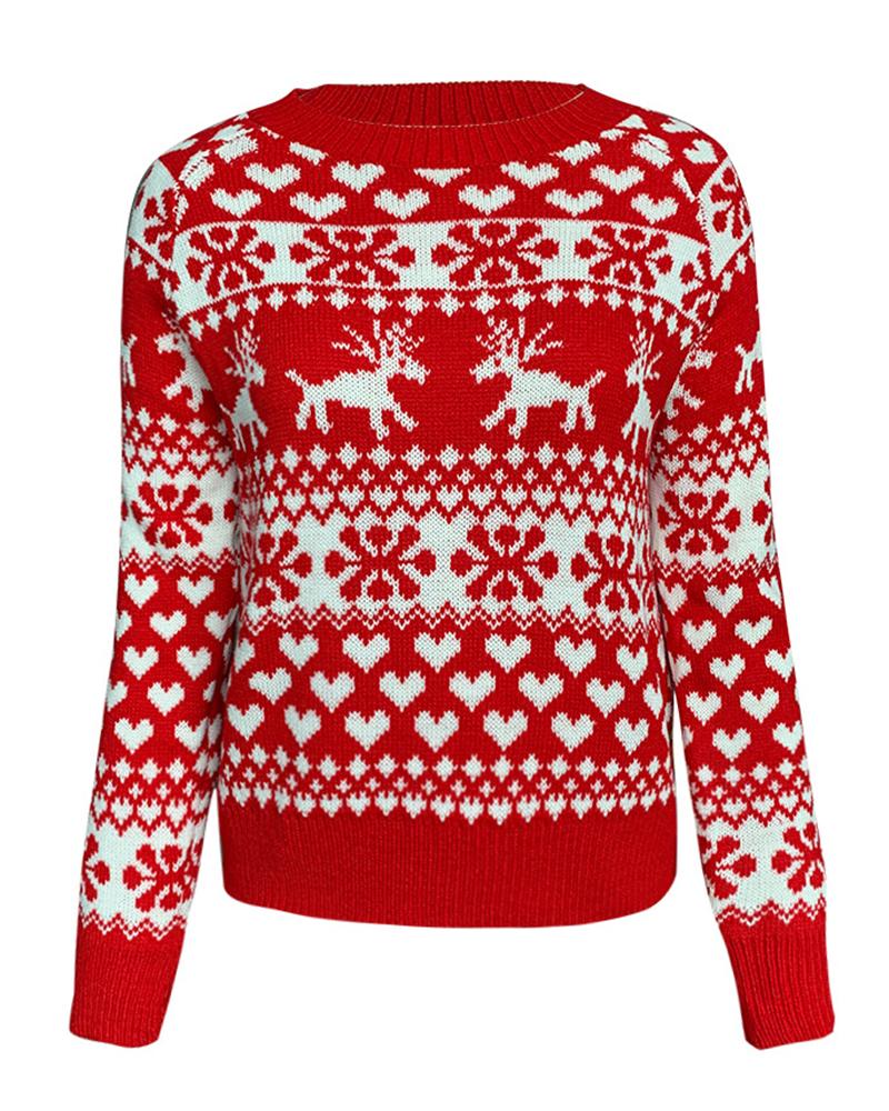 Elk & Snowflake Print Contrast Binding Ribbed Sweater-Pinkami