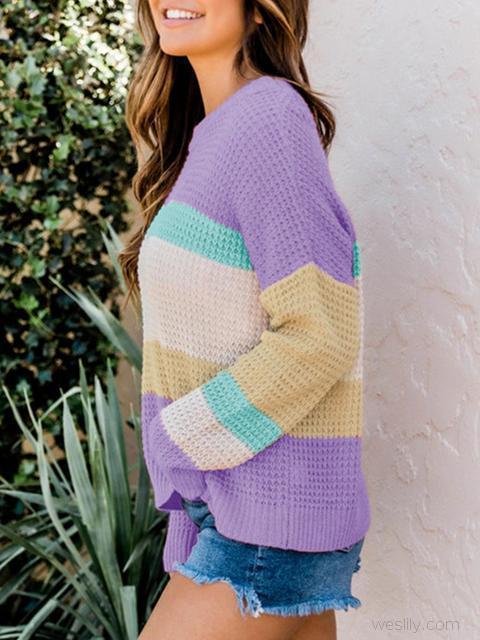 Color Block Round Neck Sweater-Pinkami