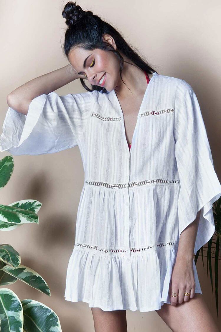 Pinstripe Half Sleeve Crochet Trim Button Down Cover Up Blouse-Pinkami