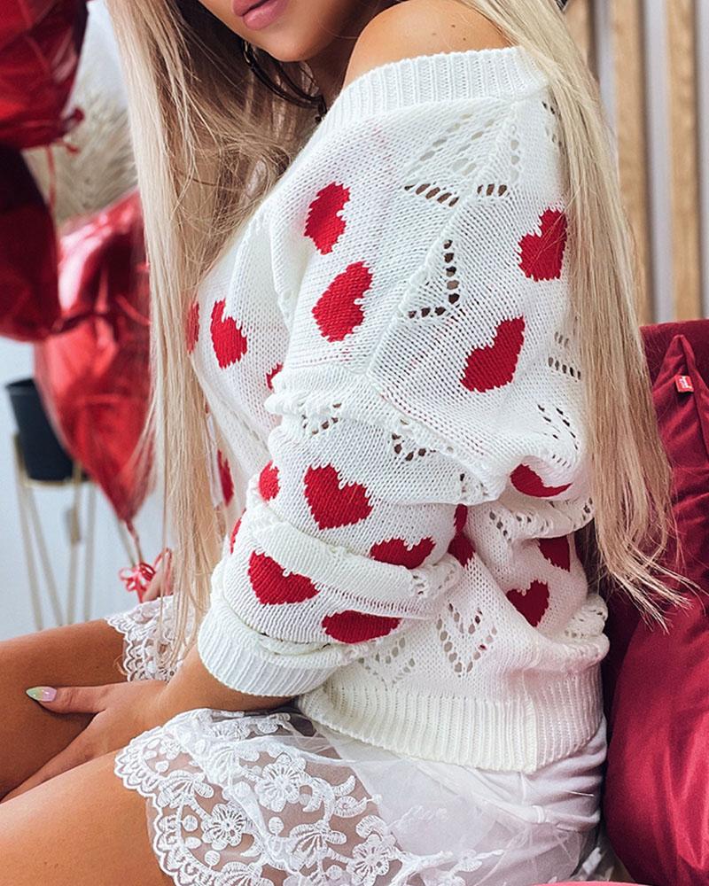 Heart Print Pointelle Knit Drop Shoulder Sweater-Pinkami