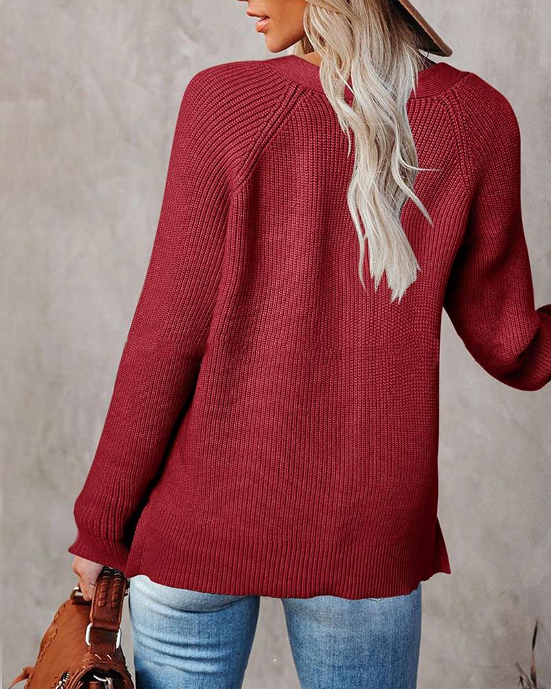 Solid Button Half Chunky Knit V Neck Sweater-Pinkami
