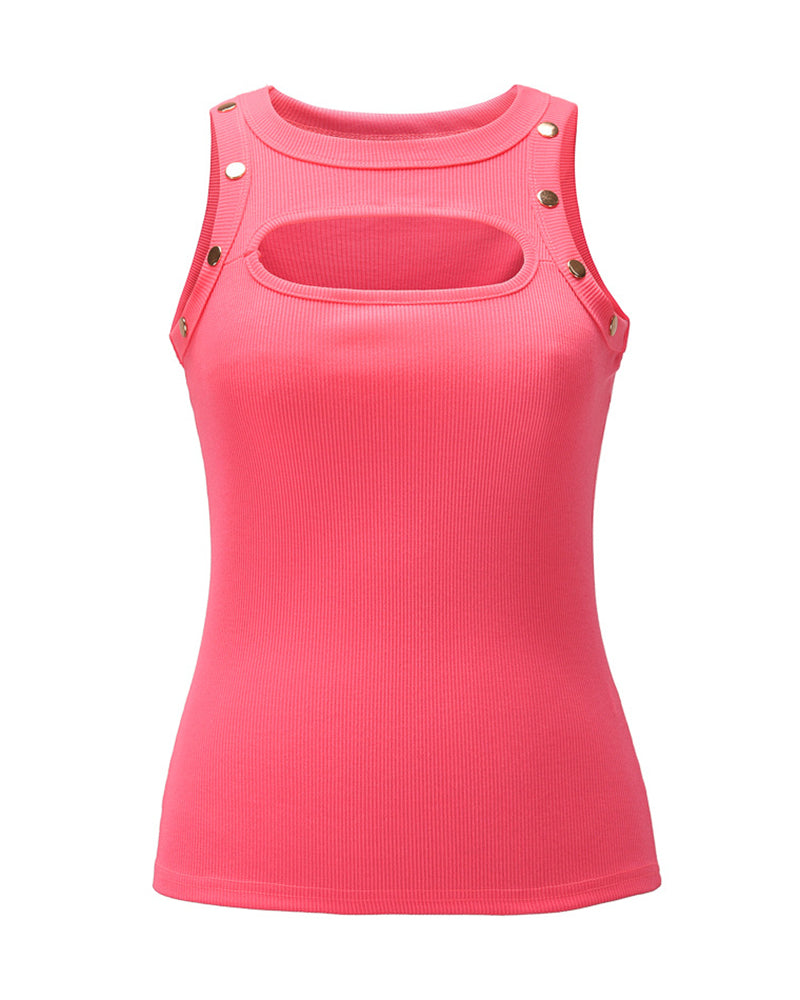 Ribbed Button Side Cut Out Tank Top-Pinkami