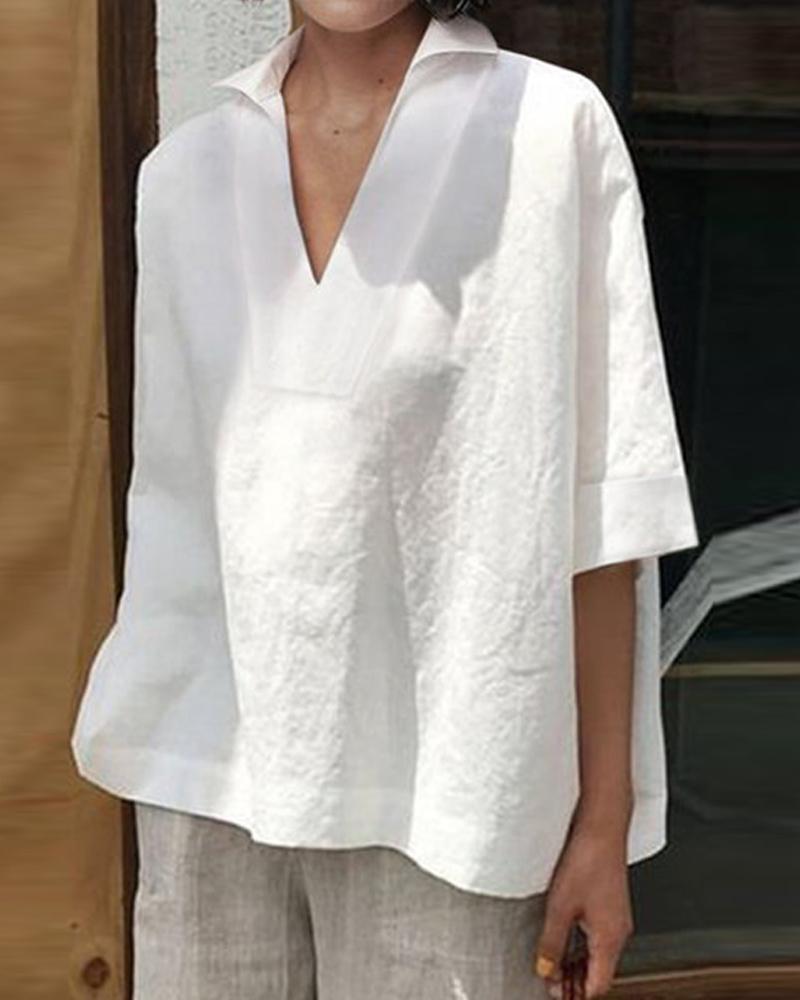 Linen V-Neck Loose Top-Pinkami