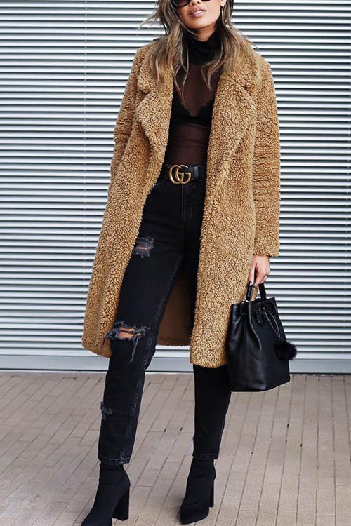 Casual Lapel Pocket Long Coat-Pinkami