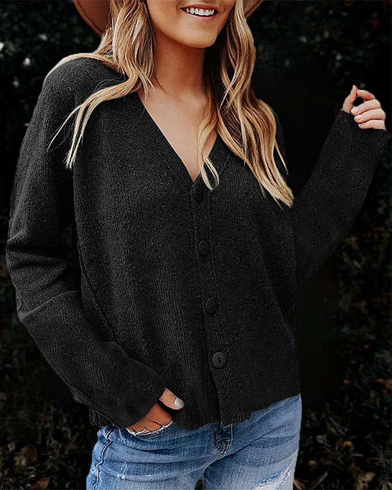 Solid Topstitching Button Up V Neck Sweater-Pinkami