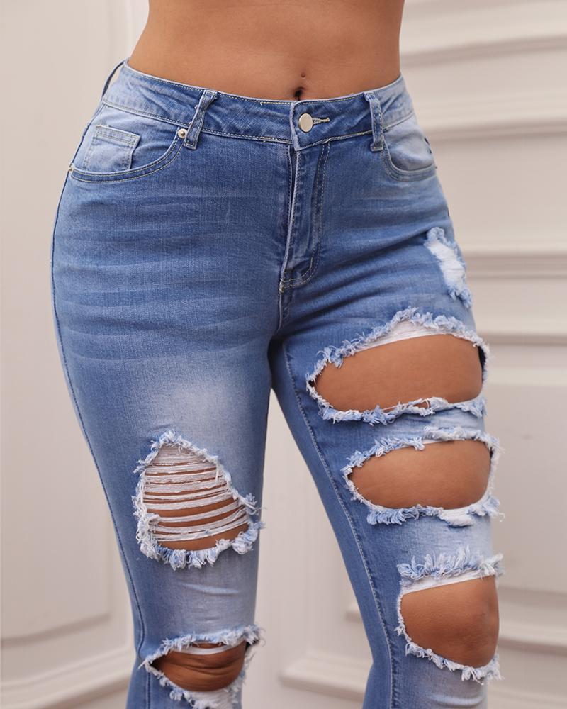 Women Distressed Frayed Hem Skinny Cropped Jeans-Pinkami