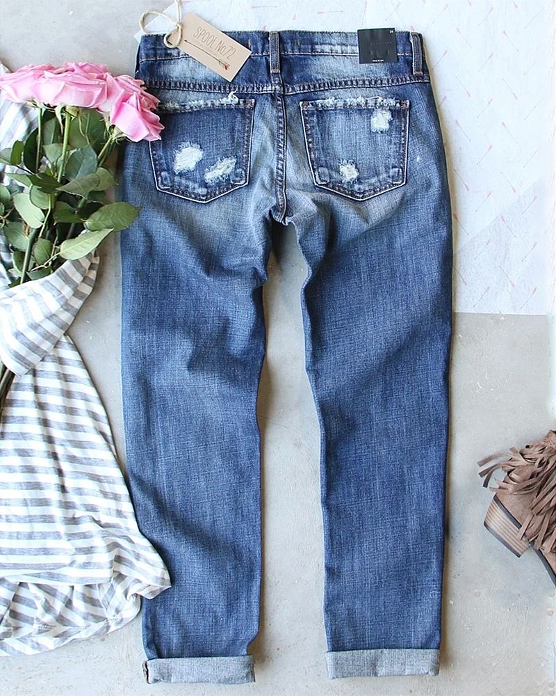 Ladder Distressed Patched Low Waist Jeans-Pinkami
