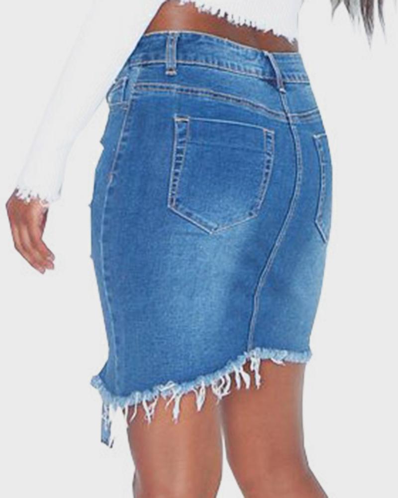 Women Ripped Raw Edge Asymmetrical Hem Denim Skirt-Pinkami