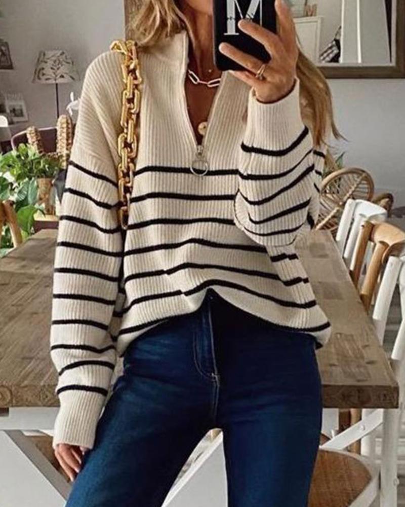 Striped Rib-Knit O-ring Zip Front Sweater-Pinkami