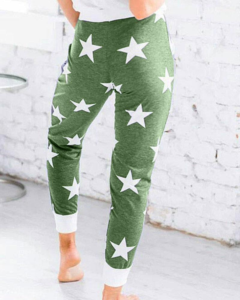 Star Print Drawstring Waist Pocket Side Sports Pants For Women-Pinkami
