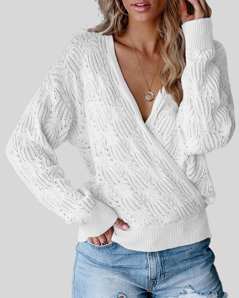 Pointelle Knit Surplice Neck Drop Shoulder Sweater-Pinkami