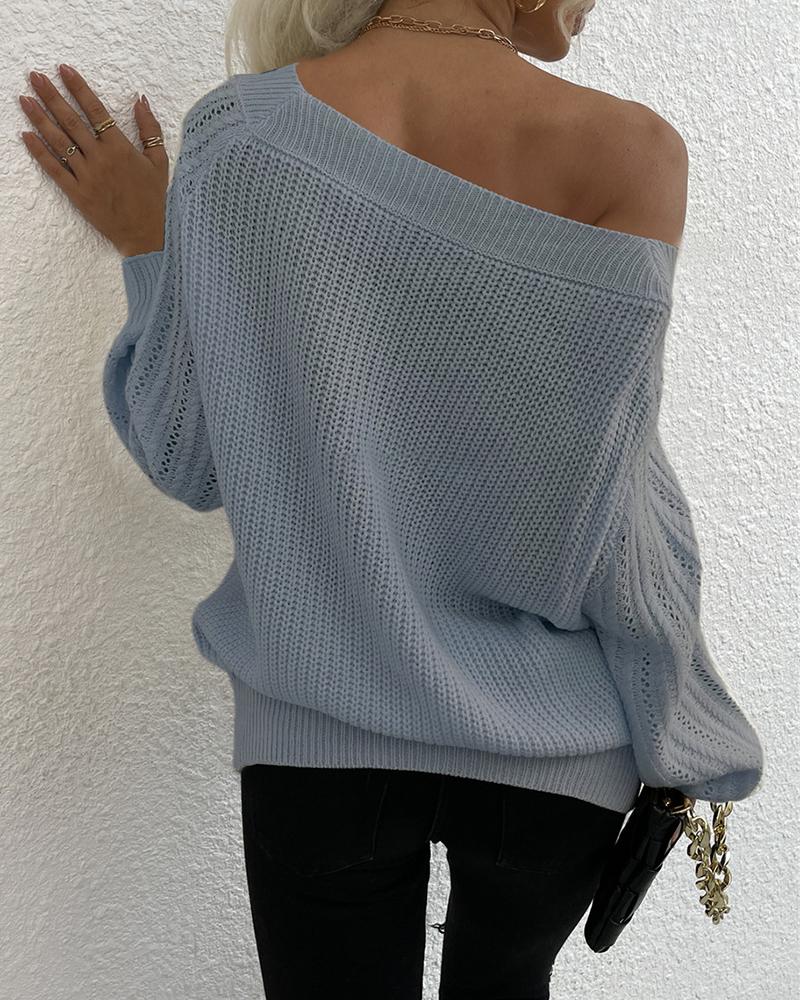 Solid Pointelle Knit Off Shoulder Sweater-Pinkami