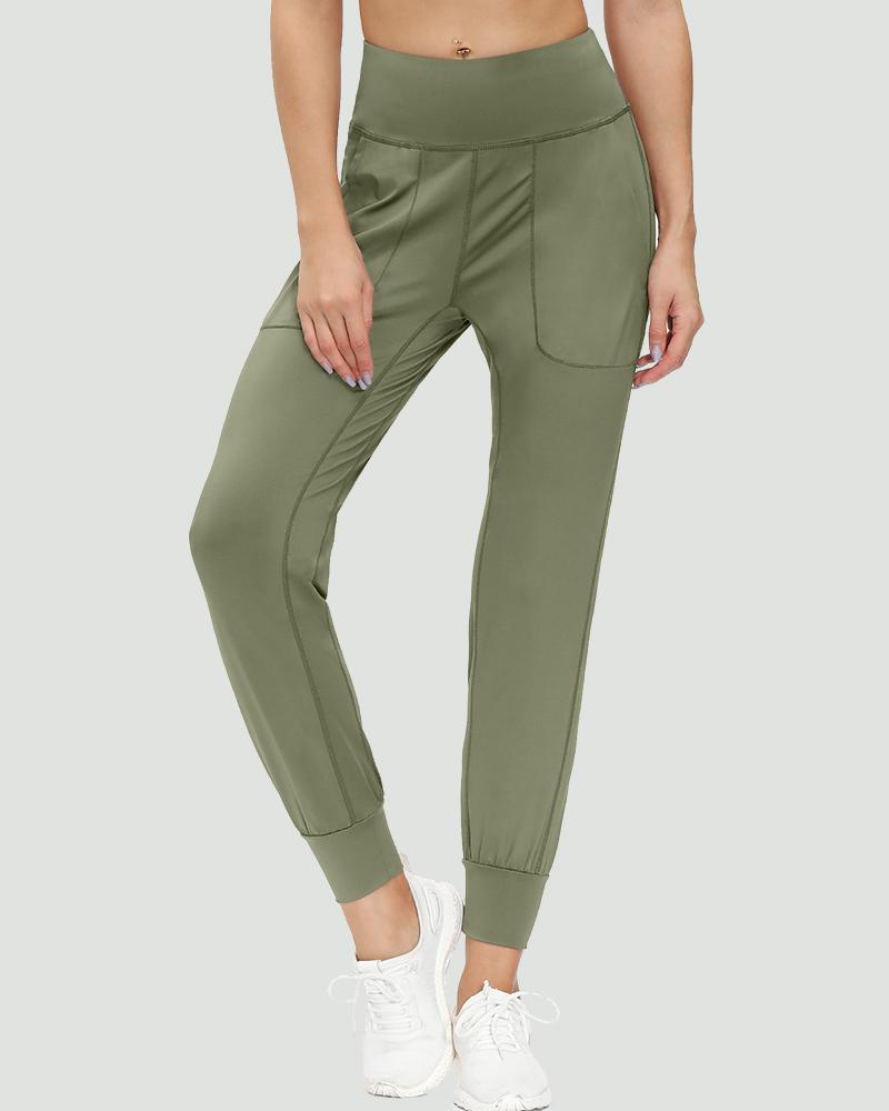 Slant Pocket Wide Waistband Elastic Hem Sports Leggings For Women-Pinkami