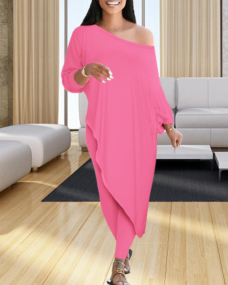 Solid Boat Neck Asymmetrical Long Sleeve Top & Pants Set-Pinkami