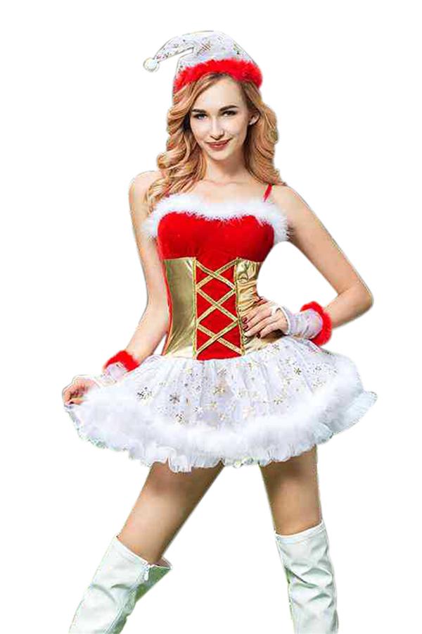 Sexy Spaghetti Straps Santa Dress Christmas Costume Red-Pinkami