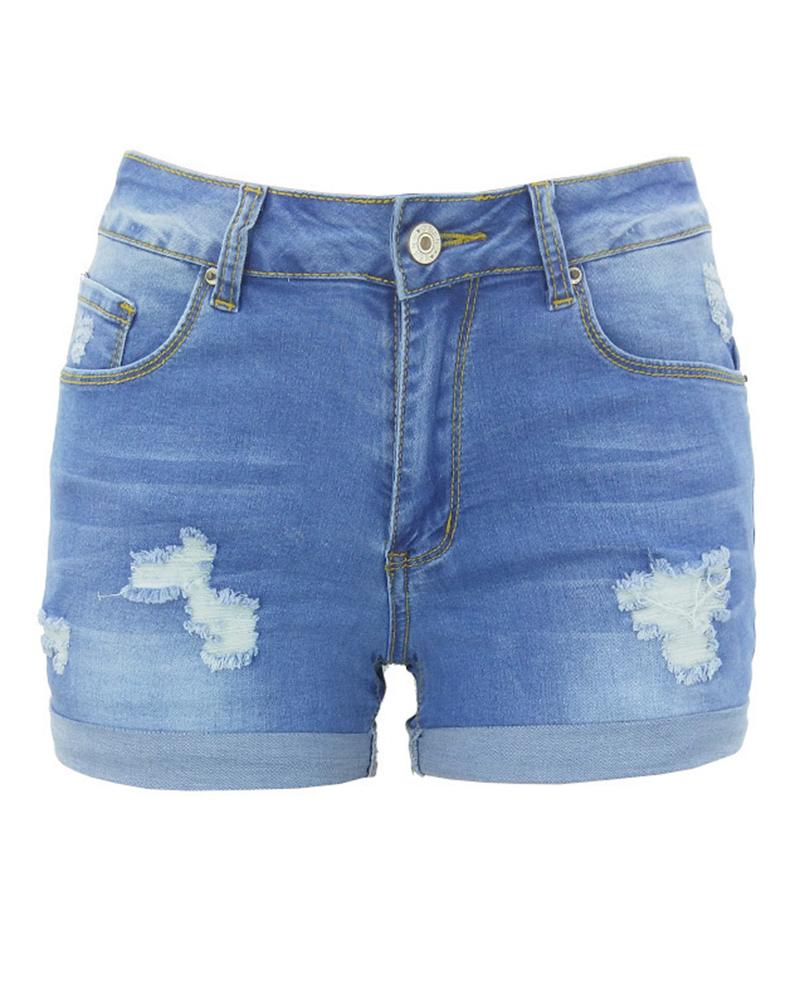 Women Ripped Roll Up Hem Mid Waist Denim Shorts-Pinkami