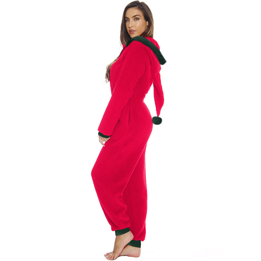 Womens Zipper Santa Onesie With Hood Red-Pinkami