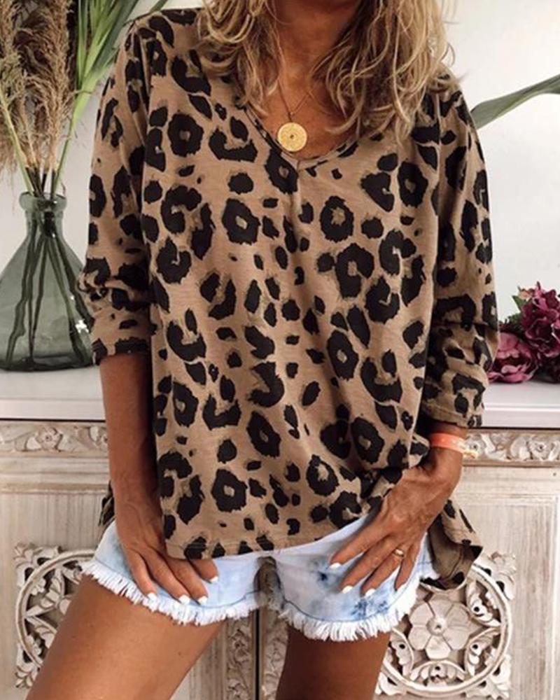 V Neck Leopard Print Loose Top-Pinkami