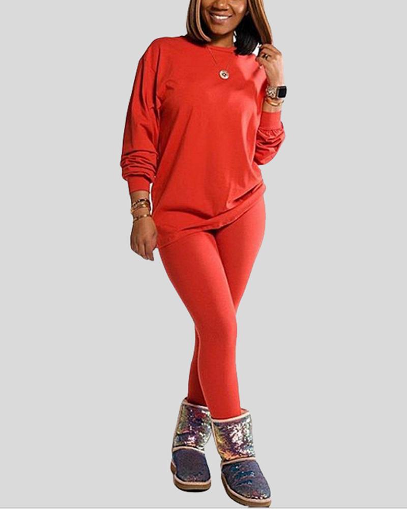 Solid Round Neck Tee & Pants Set-Pinkami