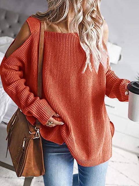 Solid Color Cold shoulder Knit Sweater-Pinkami