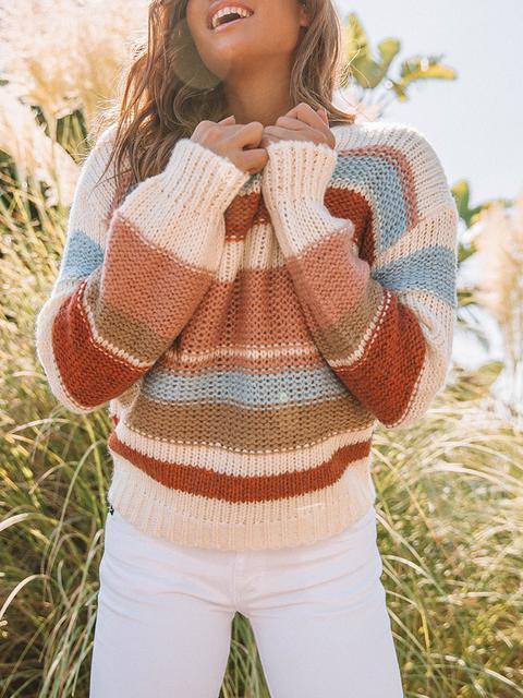 Color Block Cable-knit Round Neck Sweater-Pinkami
