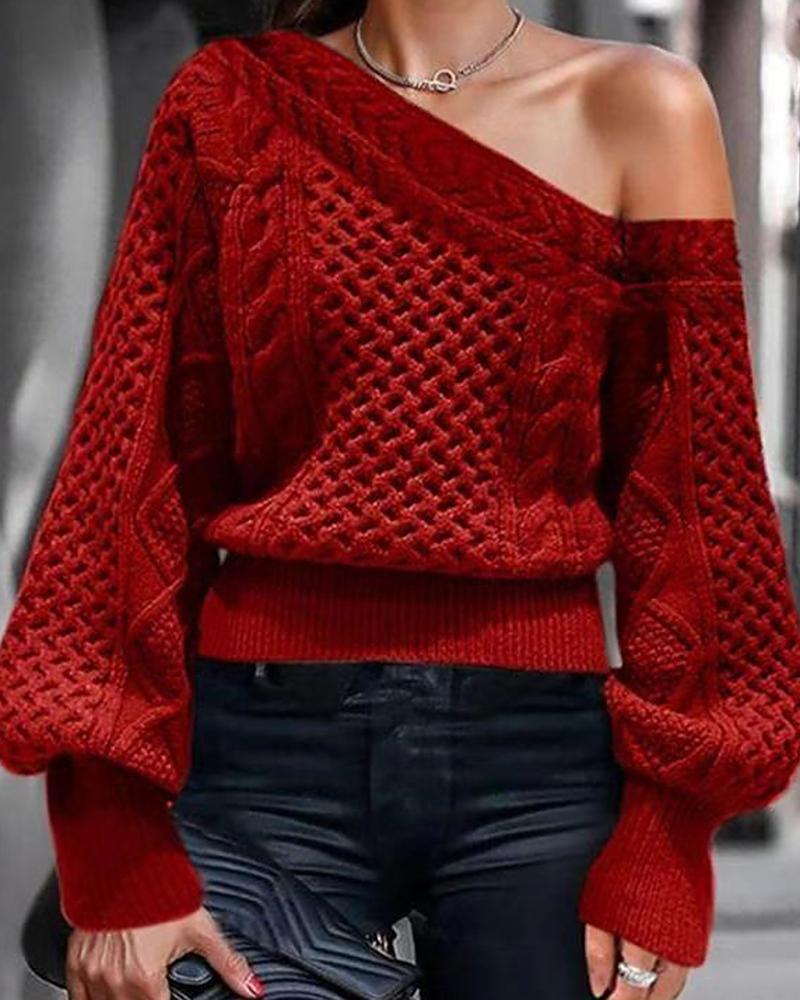 Solid Mixed Knit Lantern Sleeve Asymmetrical Neck Sweater-Pinkami