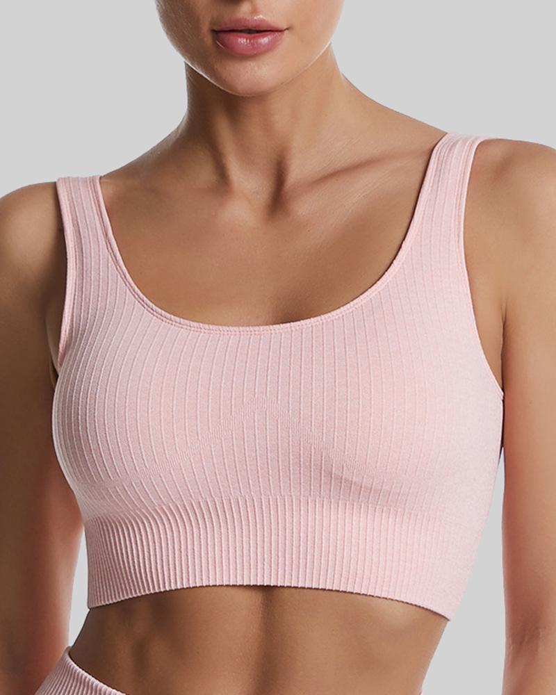 Rib-Knit Scoop Neck Cutout Back Sports Bra-Pinkami