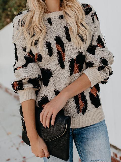 Leopard Knit Round Neck Sweater-Pinkami