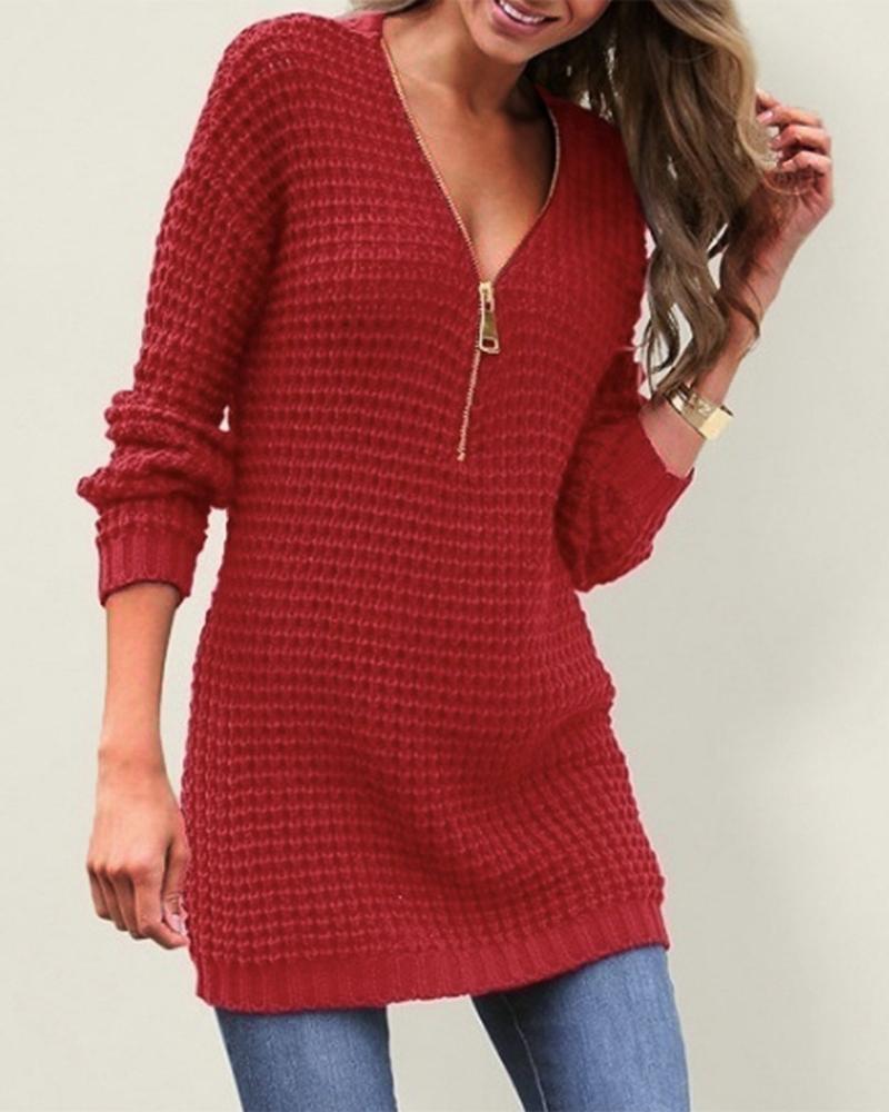 Solid Chunky Knit Zip Front V Neck Sweater-Pinkami