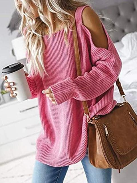 Solid Color Cold shoulder Knit Sweater-Pinkami