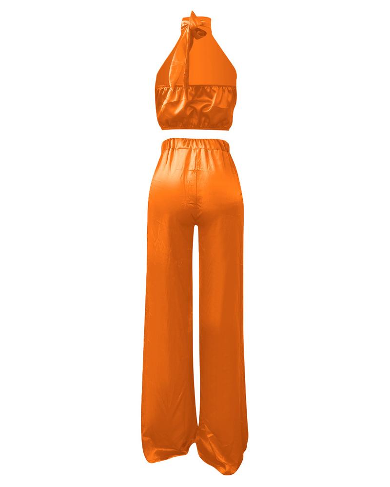 Solid Halter Crop Top & Wide Leg Pants Set-Pinkami