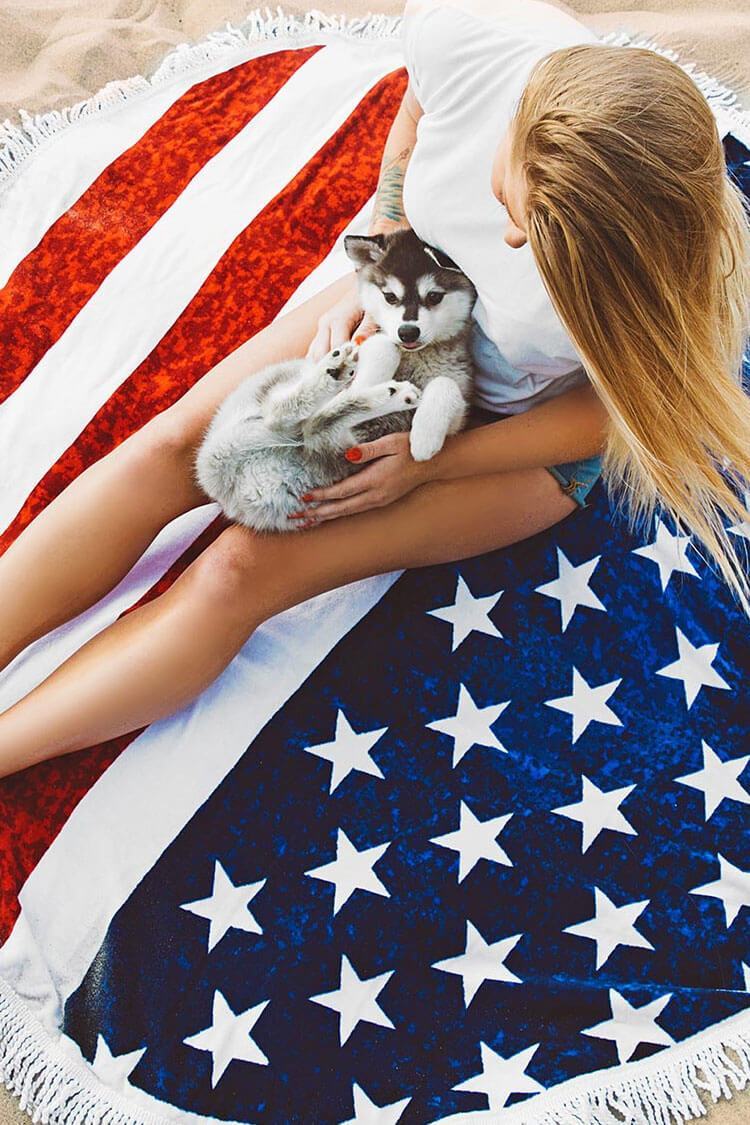 Flag Print Tassel Trim Fluffy Beach Towel