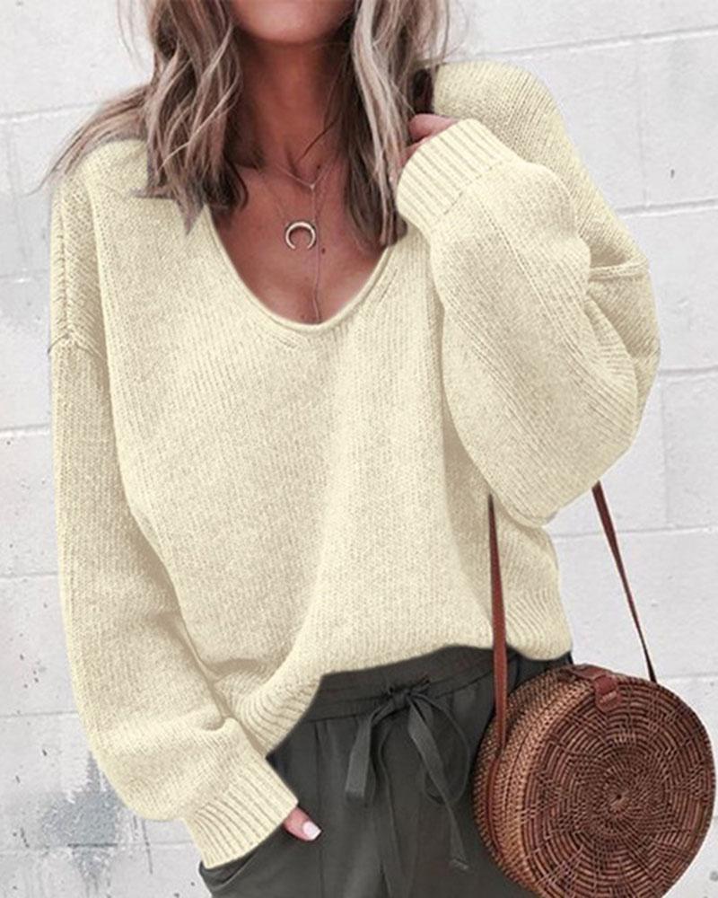 Solid Rib-knit Drop Shoulder Sweater-Pinkami