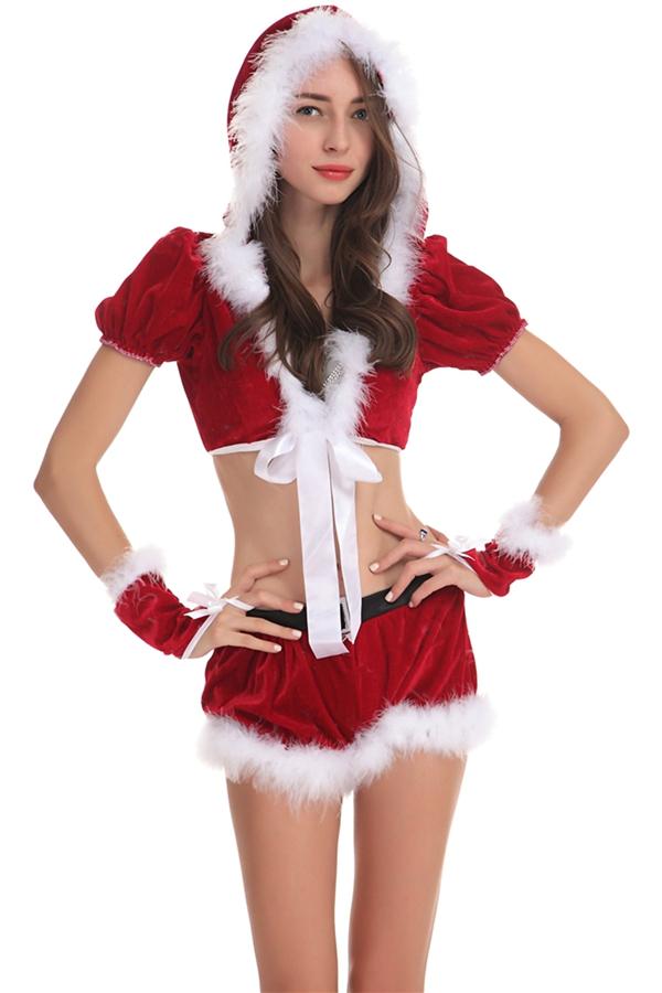 Womens Sexy Short Sleeve Crop Top Santa Christmas Costume Red-Pinkami