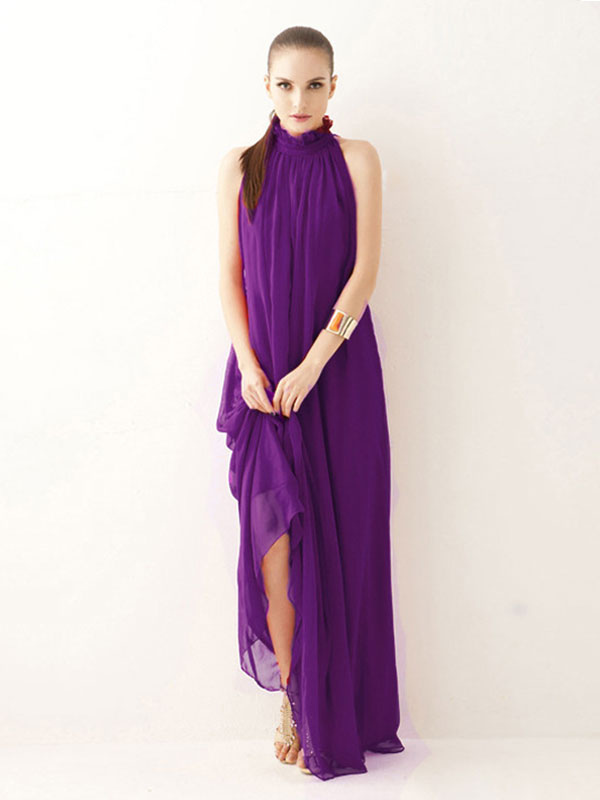 Purple Jewel Neck Lace Up Chiffon Maxi Beach Dress
