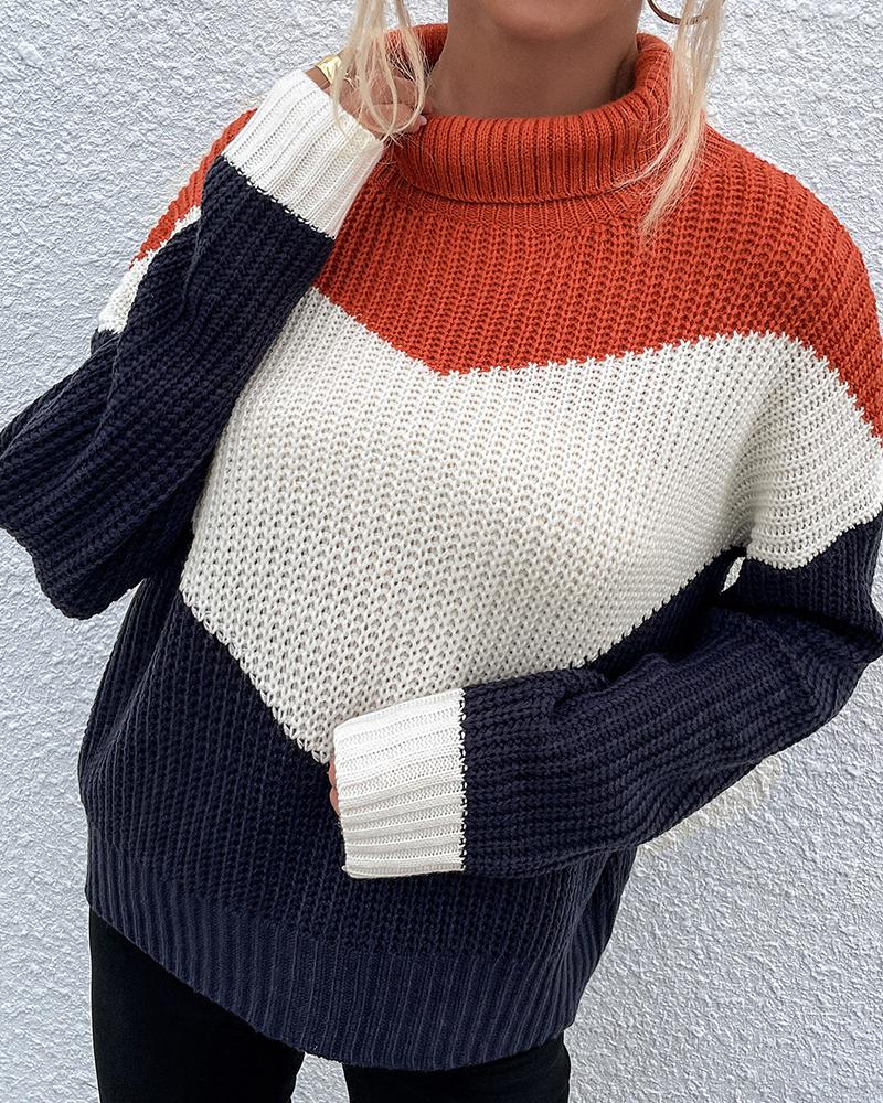 Colorblock High Neck Long Sleeve Sweater-Pinkami