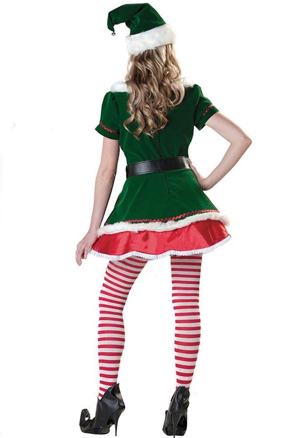 Green Womens Christmas Santa Helper Elf Costume-Pinkami
