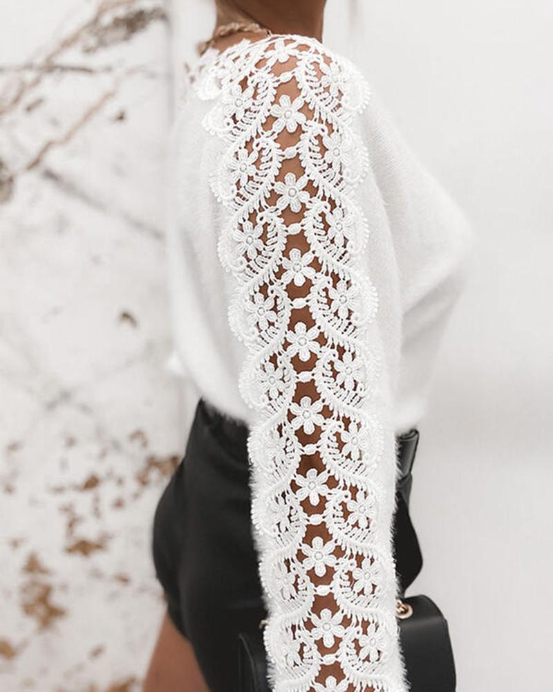 Floral Lace Raglan Sleeve Fuzzy Knit Sweater-Pinkami